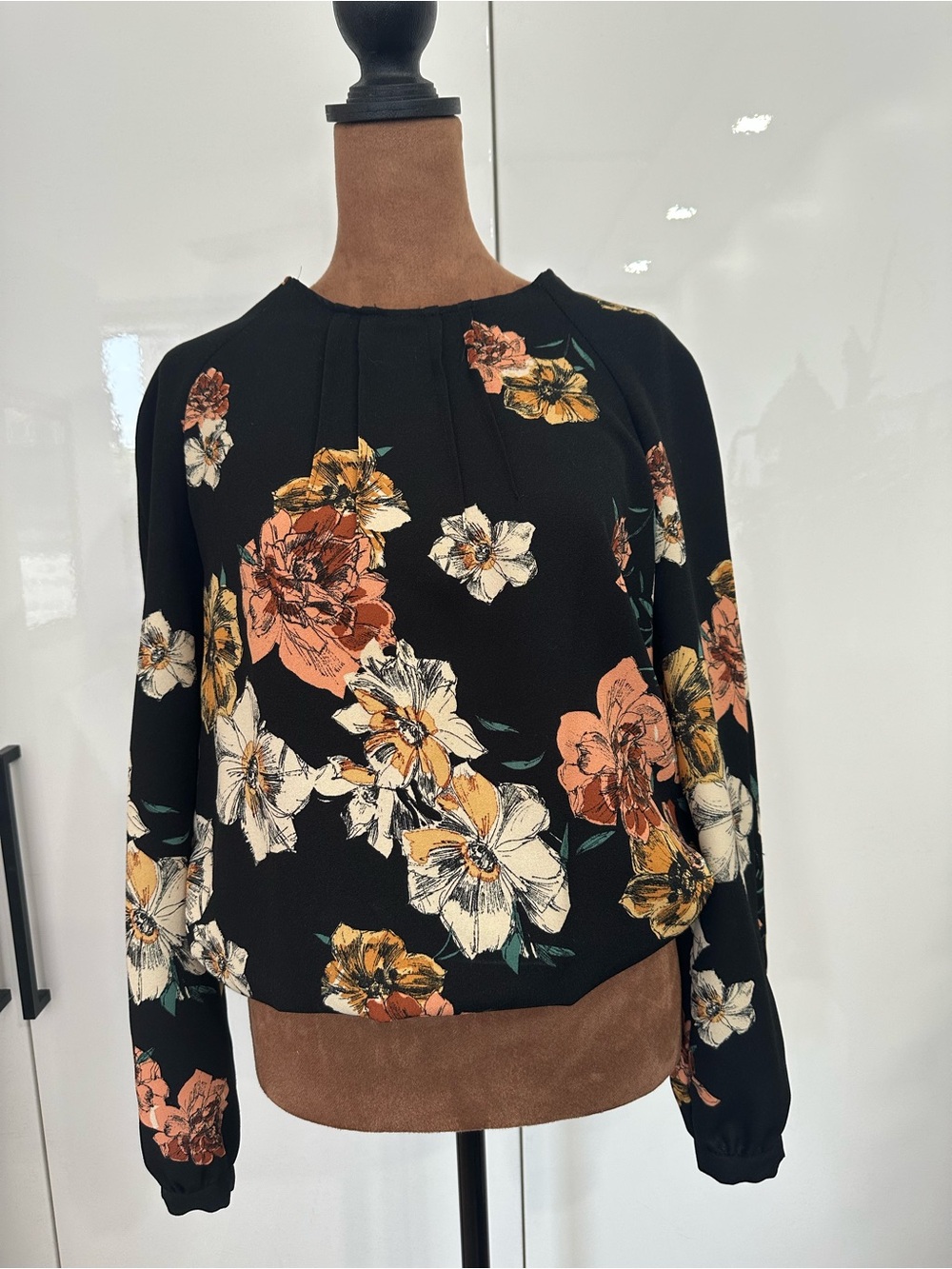 Zara Black Floral Long-Sleeve Blouse with Rust and Cream Blooms